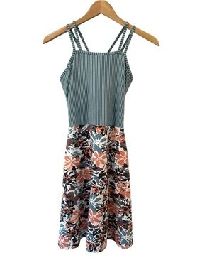 Pact Fit & Flare Strappy Dress M floral stripes Organic Cotton Pockets NWOT